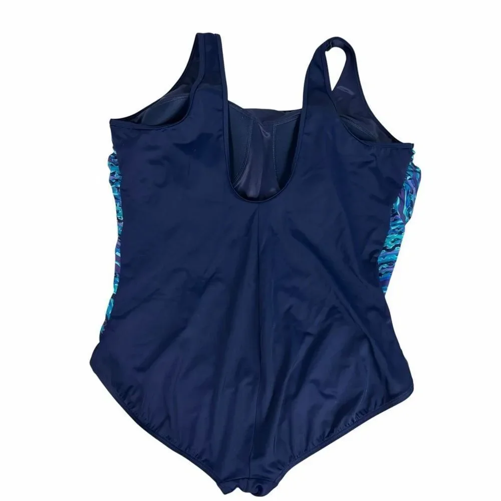 Lands End Womens Swimsuit Tugless Tank 24W Deep Sea Ripples